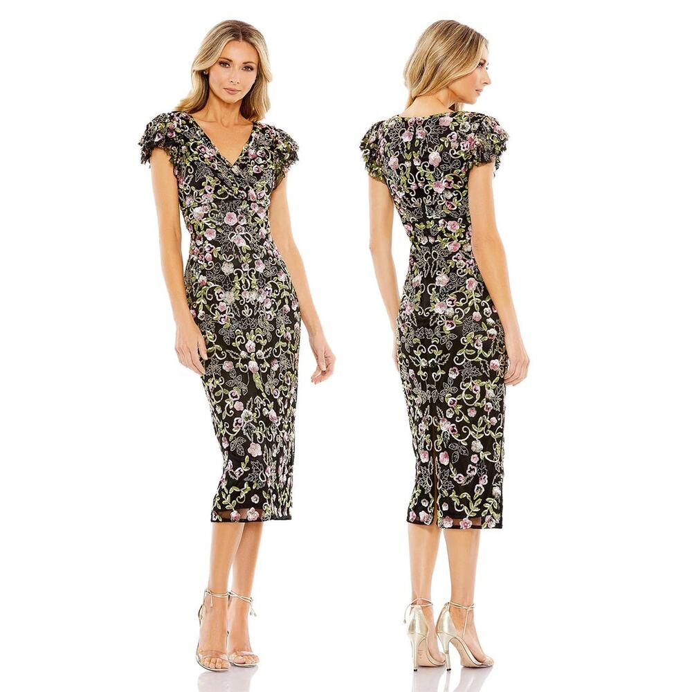 Mac Duggal 5722 Floral Embellished Flutter Cap Sleeve Dress V Neck Black Size 6